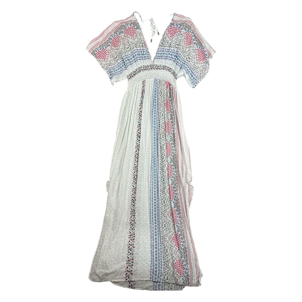 Lovestitch Boho Maxi Dress S/M White Floral Swiss Dot Flutter Sleeve Cover Up - Picture 2 of 9